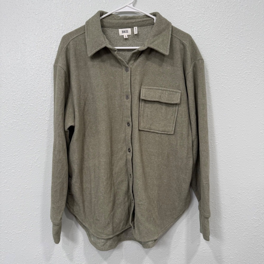 BKE Boyfriend Shacket Womens Small Olive Green Fleece Button Down Shirt Jacket
